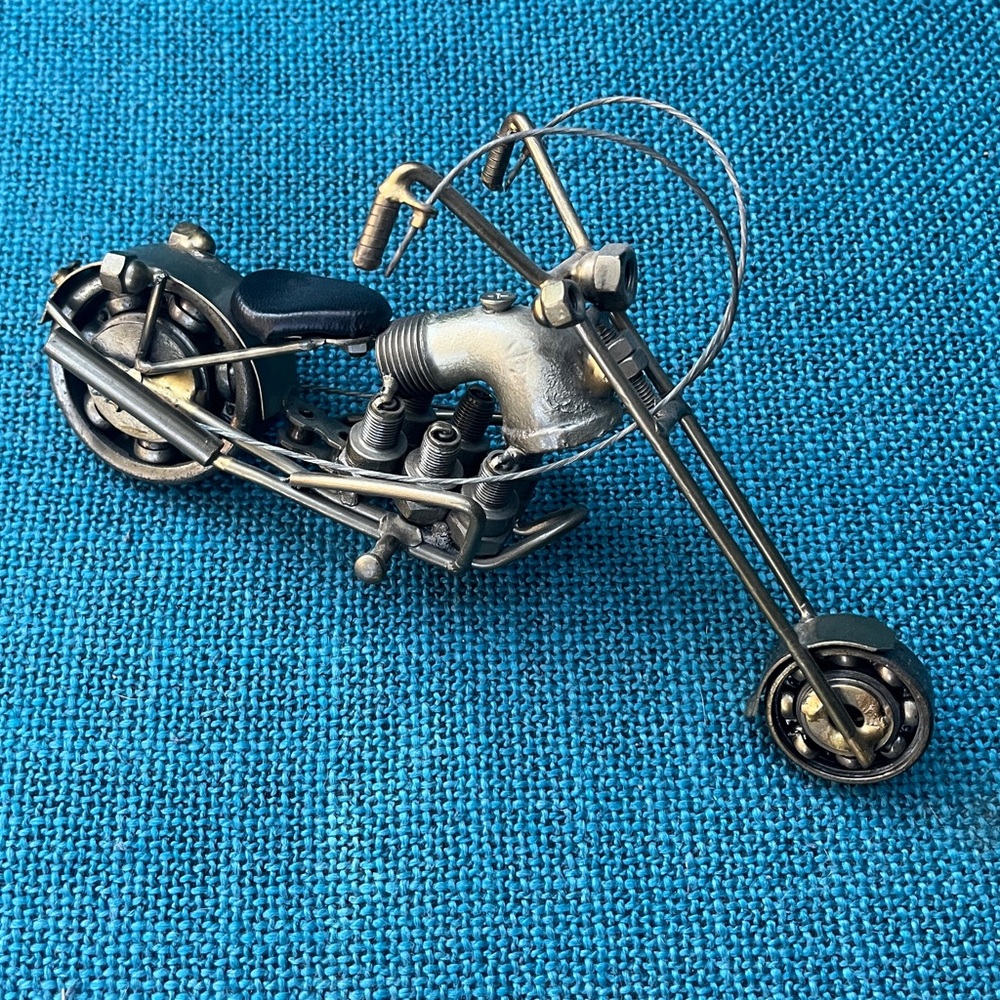 Motorcycle Chopper Sculpture Nuts and Bolts Hand-Welded Metal Folk Art Vintage
